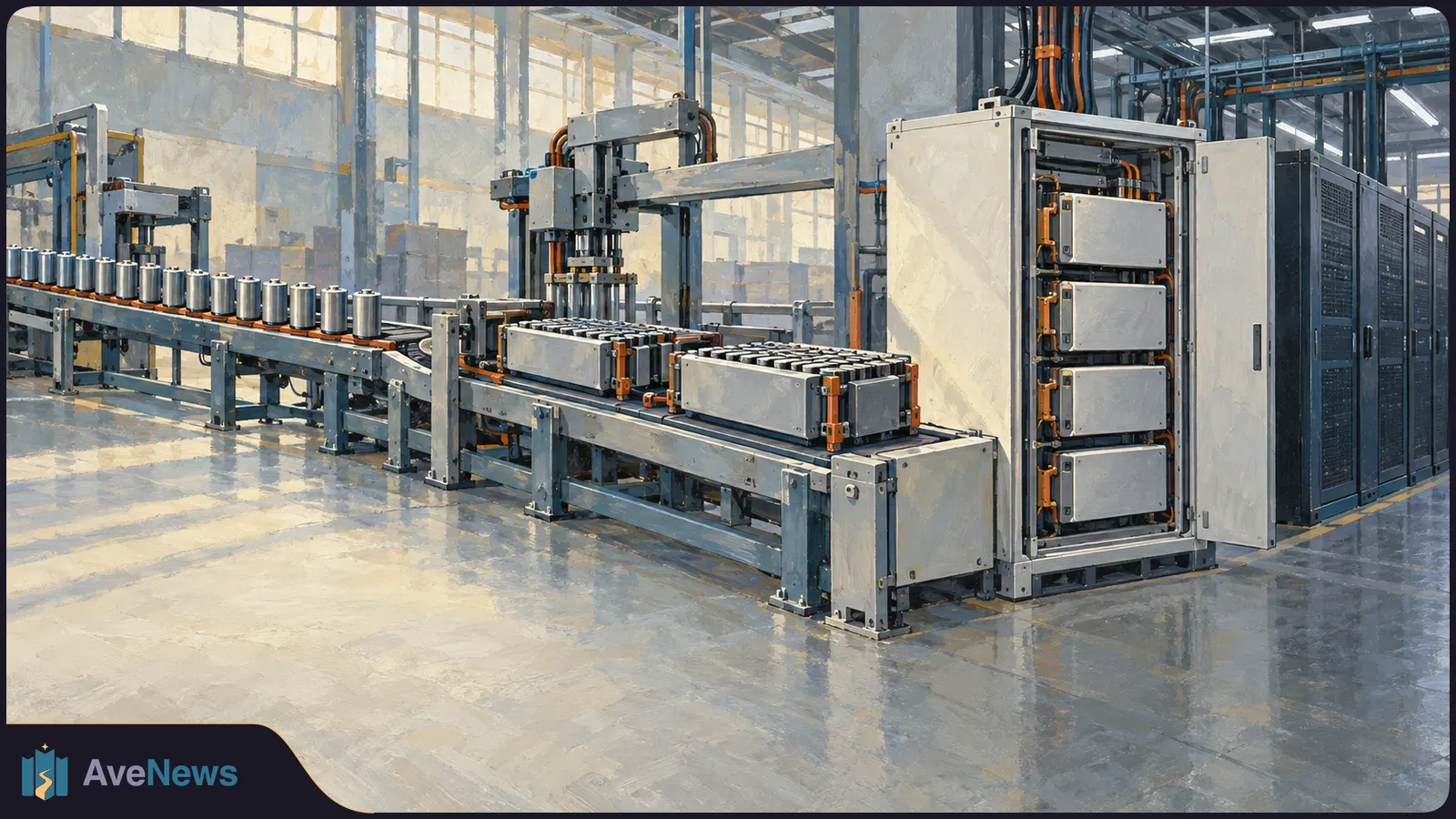Painted factory interior with rows of cylindrical cells on a conveyor, assembly machinery, and an open cabinet holding electrical modules. SI illustration