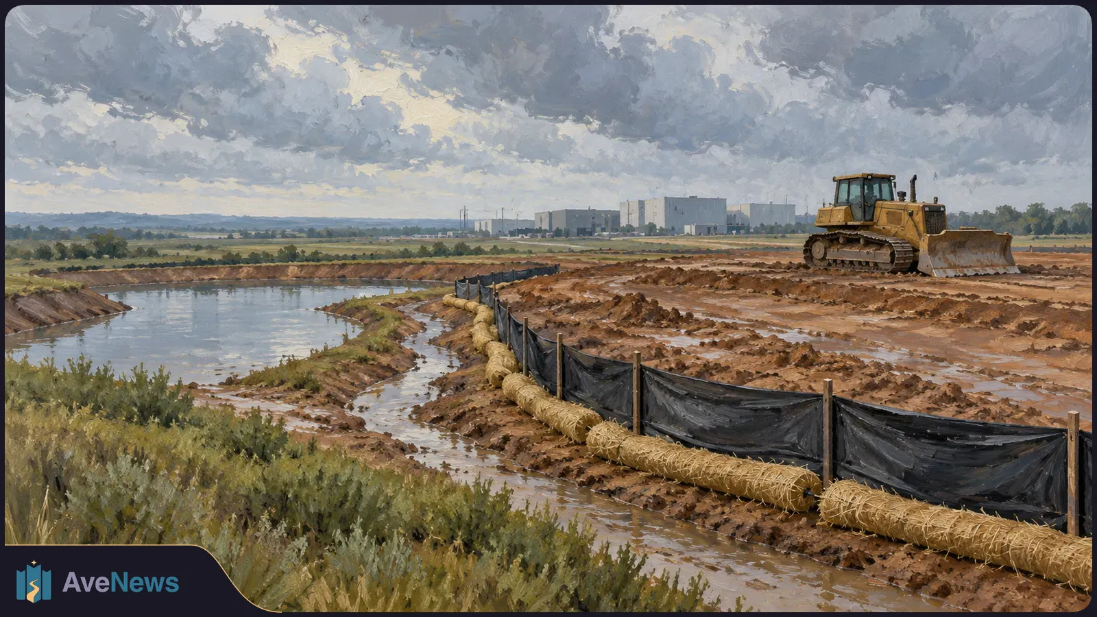 Painterly view of a muddy site beside a water-filled basin, with black silt fencing, straw barriers and a bulldozer. Large buildings sit in the distance beneath dark clouds. SI illustration