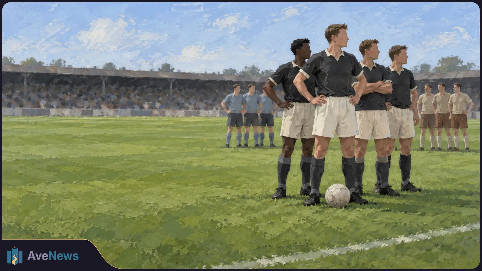 Painted scene of football players standing in groups on a green pitch. Four in dark shirts and white shorts stand beside a ball, with other players and crowded stands behind them. SI illustration