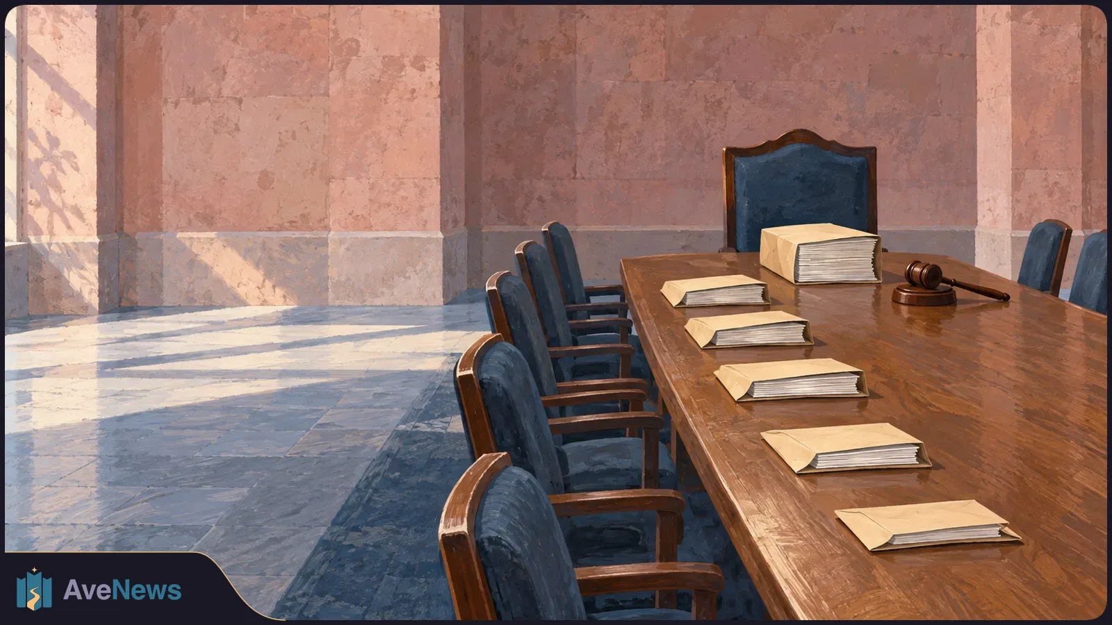 Painted empty meeting room with blue chairs around a long wooden table, stacks of blank papers, and a gavel. SI illustration