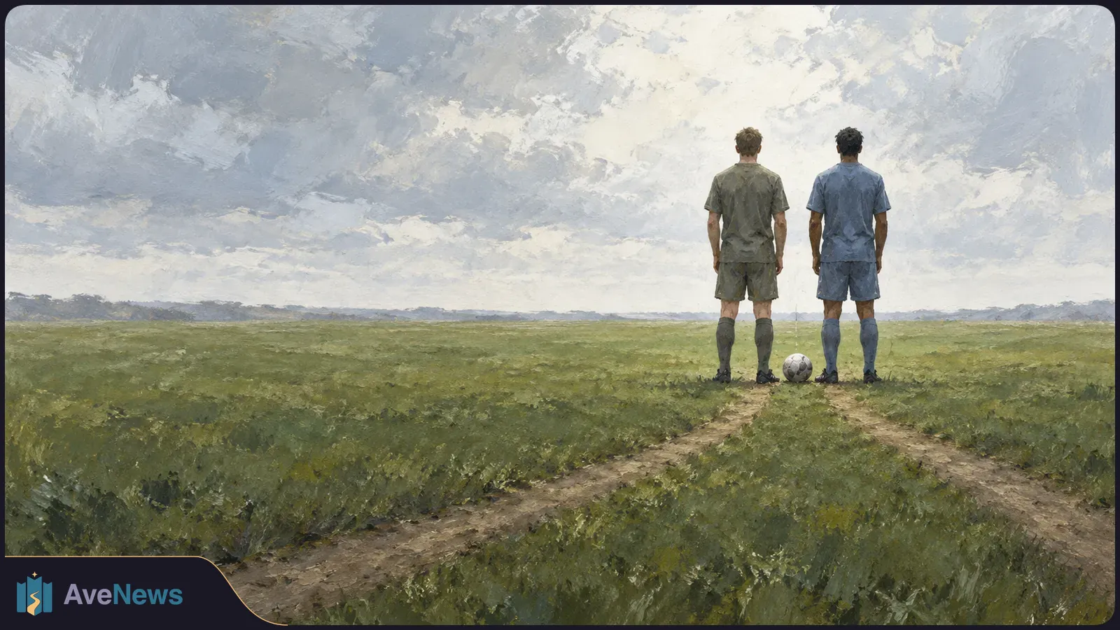 Painted scene of two football players seen from behind, standing beside a ball on a grassy field beneath a cloudy sky. Dirt paths lead toward them. SI illustration