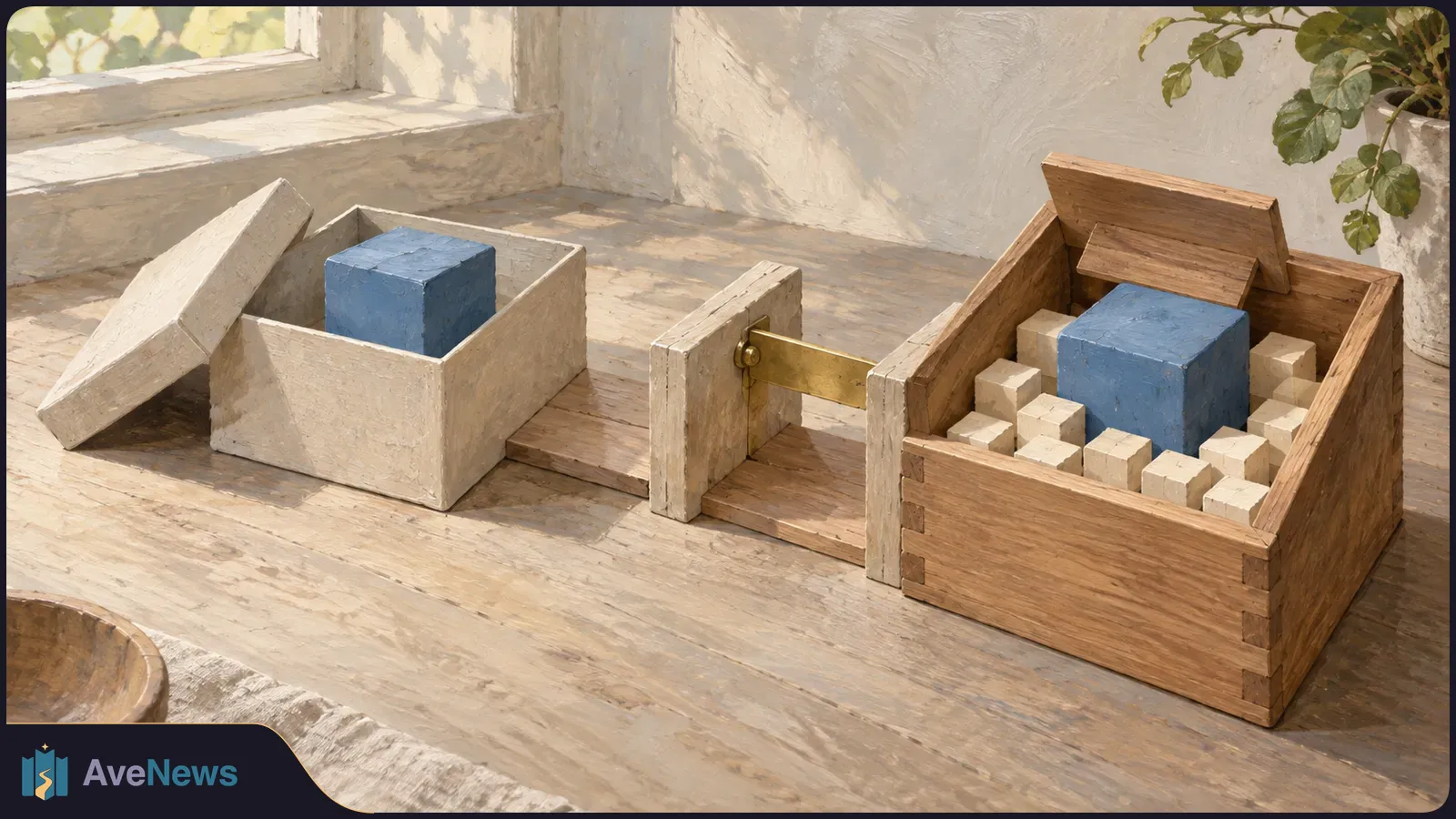 Two open boxes on a sunlit table each hold a blue cube. The wooden box on the right also holds rows of small pale cubes, and a brass bar links the boxes. SI illustration