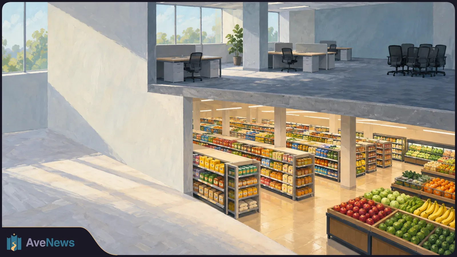 Painted cutaway showing an empty office with desks and chairs above a stocked grocery store, with produce bins in the foreground. SI illustration