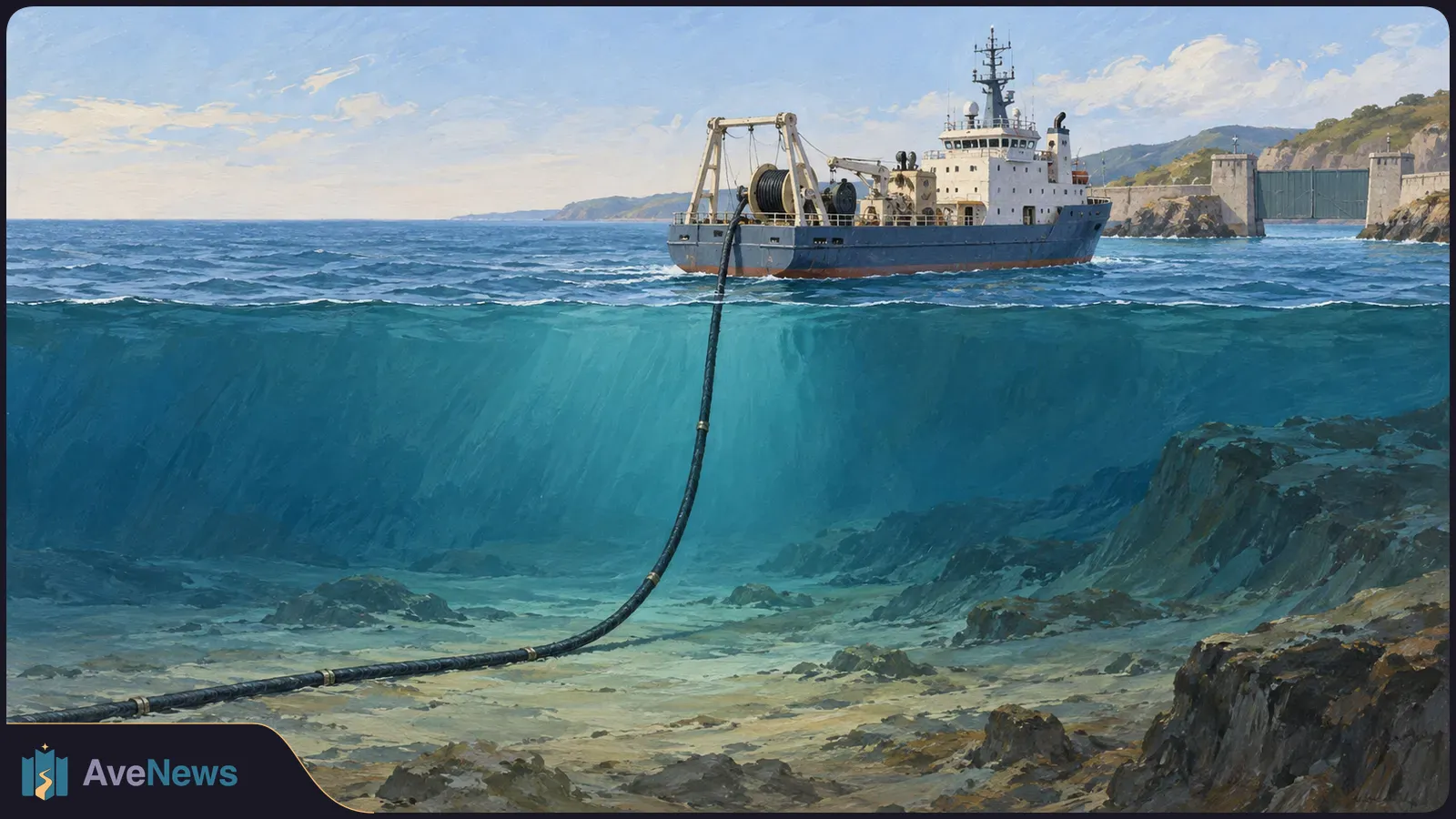 Painted view of a ship at sea, with a thick cable descending from its deck through blue water and running across a rocky seabed. Cliffs and a coastal gate are in the distance. SI illustration