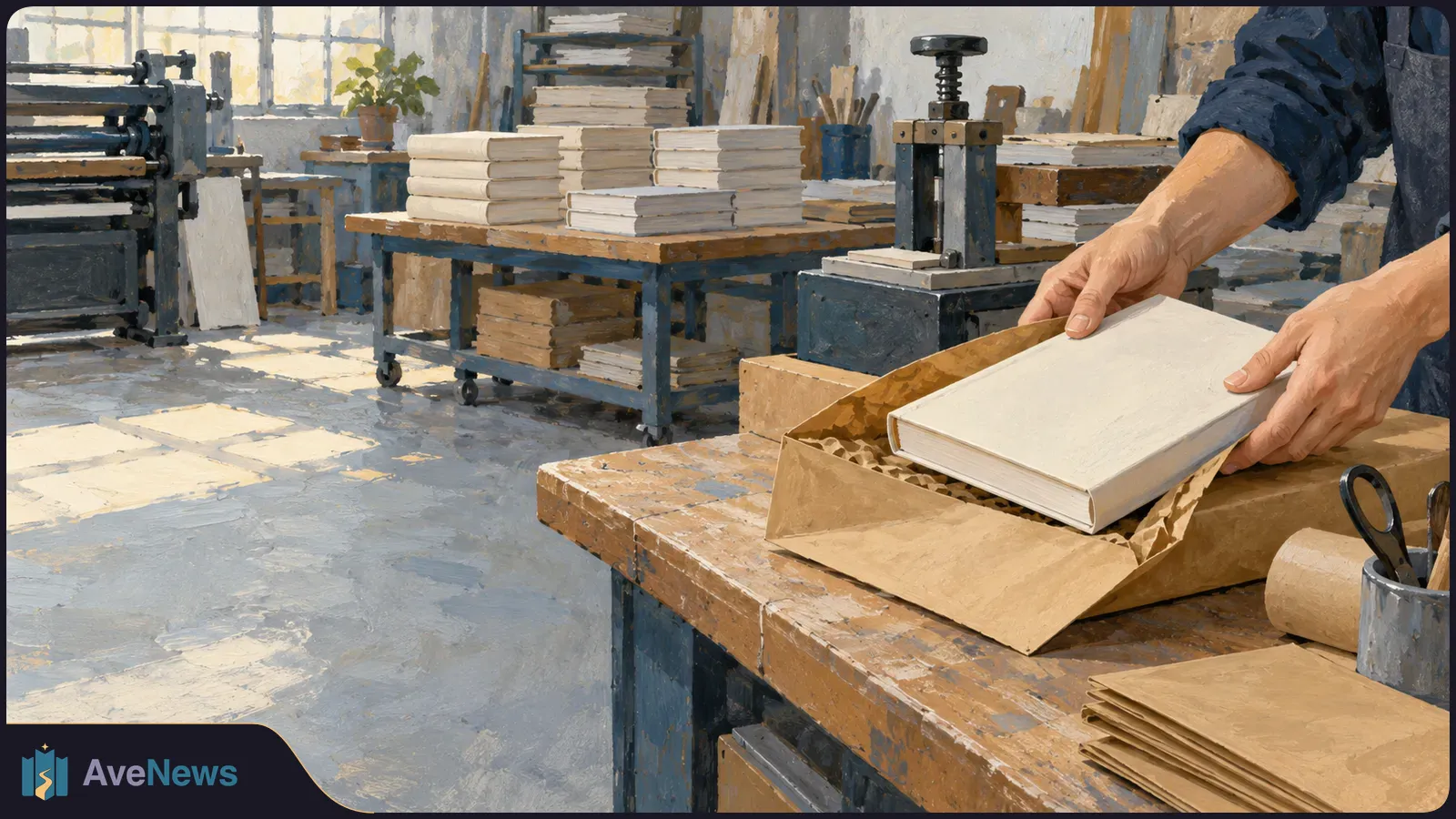 In an illustrated print workshop, a worker places a plain book into a cardboard mailer. Stacks of books and printing equipment fill the background. SI illustration