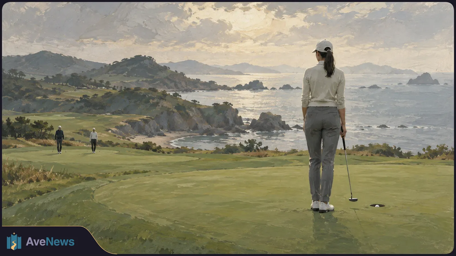 Painted coastal golf green with a golfer seen from behind holding a putter near a ball and hole; two golfers stand farther away beneath a cloudy sky. SI illustration
