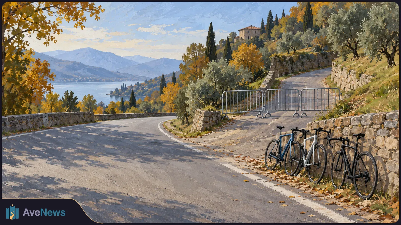 Painted autumn road by a lake, with three bicycles beside a stone wall and metal barriers across an uphill lane; trees and mountains in the distance. SI illustration