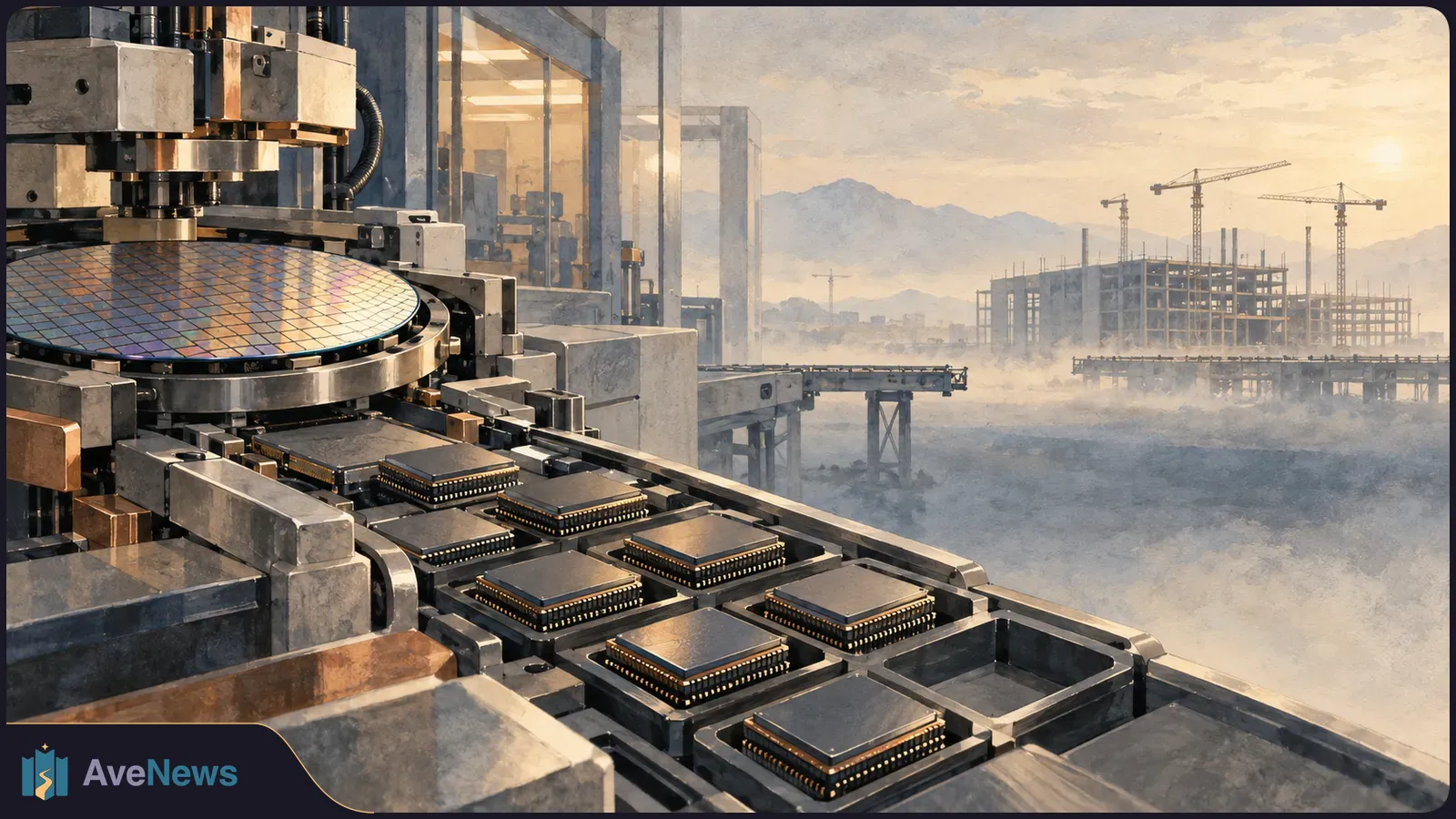 A silicon wafer sits in a large machine beside rows of chips on a conveyor, with cranes and unfinished buildings in the hazy background. SI illustration