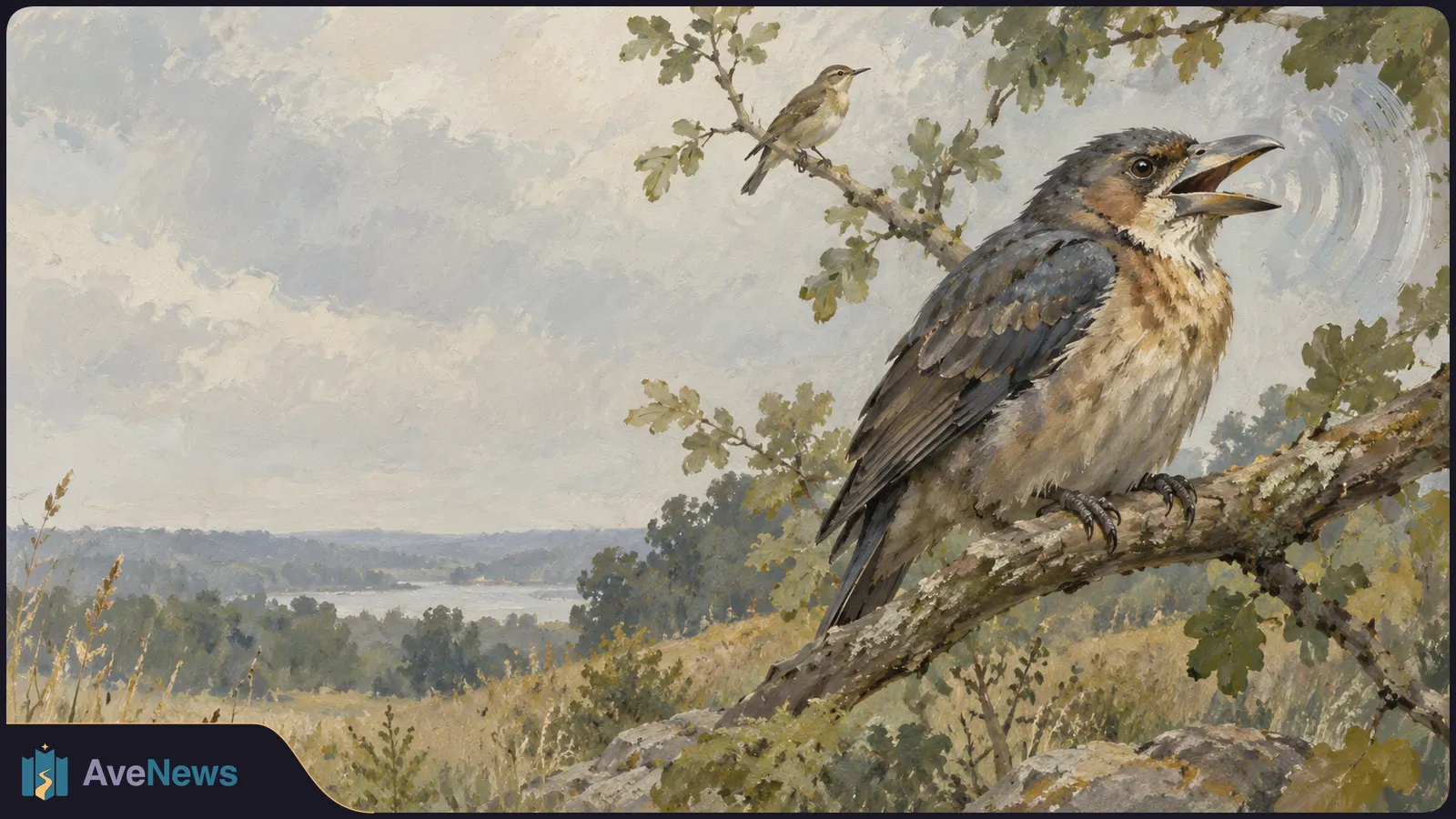 A painted scene of a large bird calling from a branch, with pale sound arcs by its open beak and a smaller bird perched behind it. SI illustration