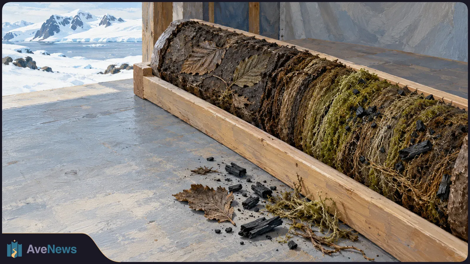 A painted sediment core in a wooden tray shows dark layers, leaves and moss, with charcoal fragments scattered nearby and snowy Antarctic mountains beyond. SI illustration