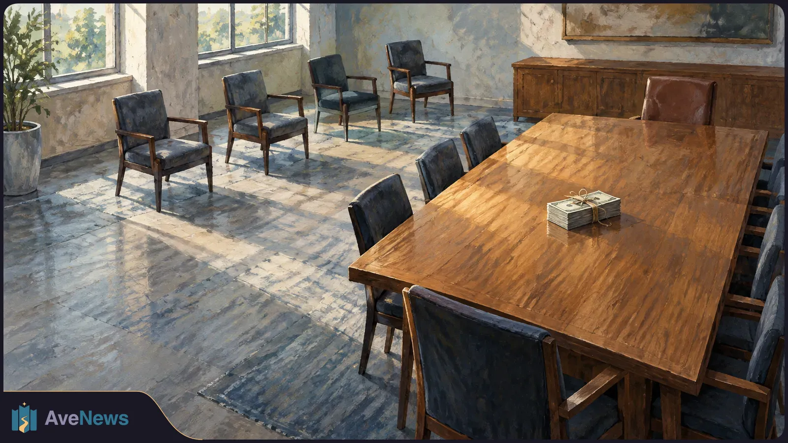 Painted illustration of an empty meeting room with a long wooden table, vacant chairs and a tied stack of banknotes on the tabletop. SI illustration