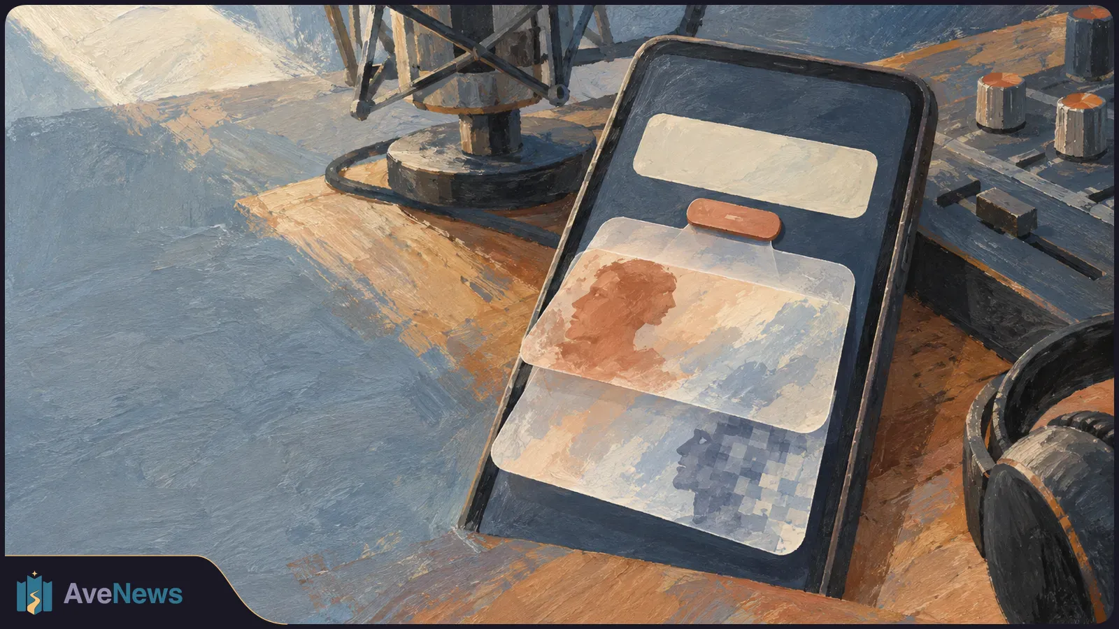 Painted smartphone with overlapping pale cards and two profile silhouettes on its screen, beside a studio microphone, audio mixer and headphones. SI illustration