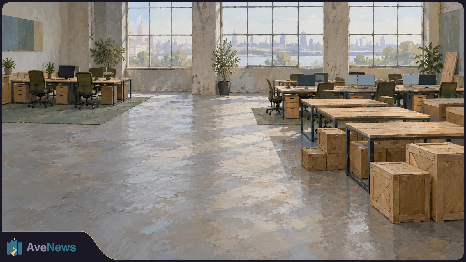 A painted, sunlit empty office with desks, blank monitors and chairs. Wooden crates surround bare tables on the right, with a city skyline beyond the windows. SI illustration