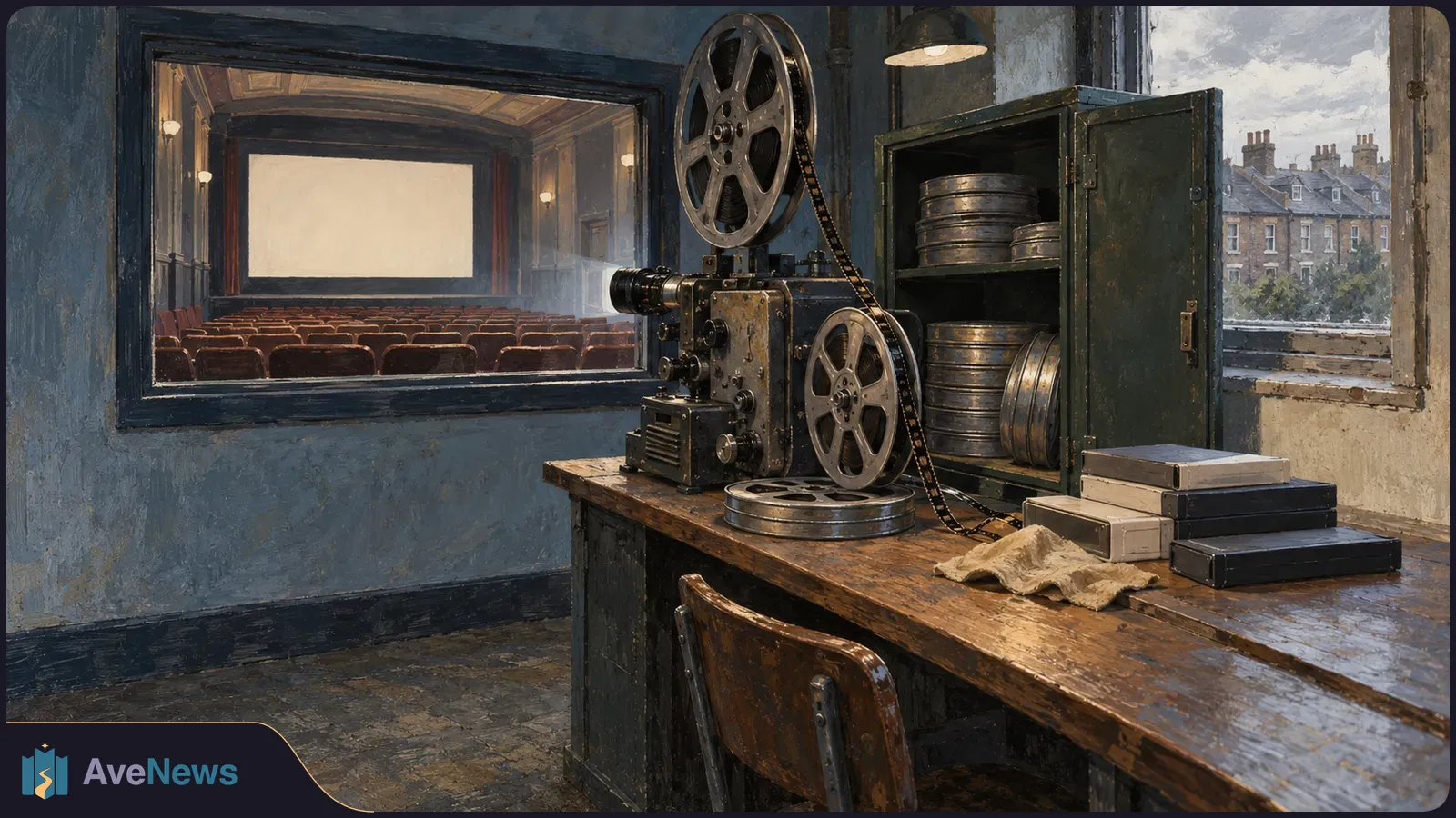 Painted cinema projection room with a film projector and reels on a wooden table; rows of seats and a blank screen are visible through the window. SI illustration