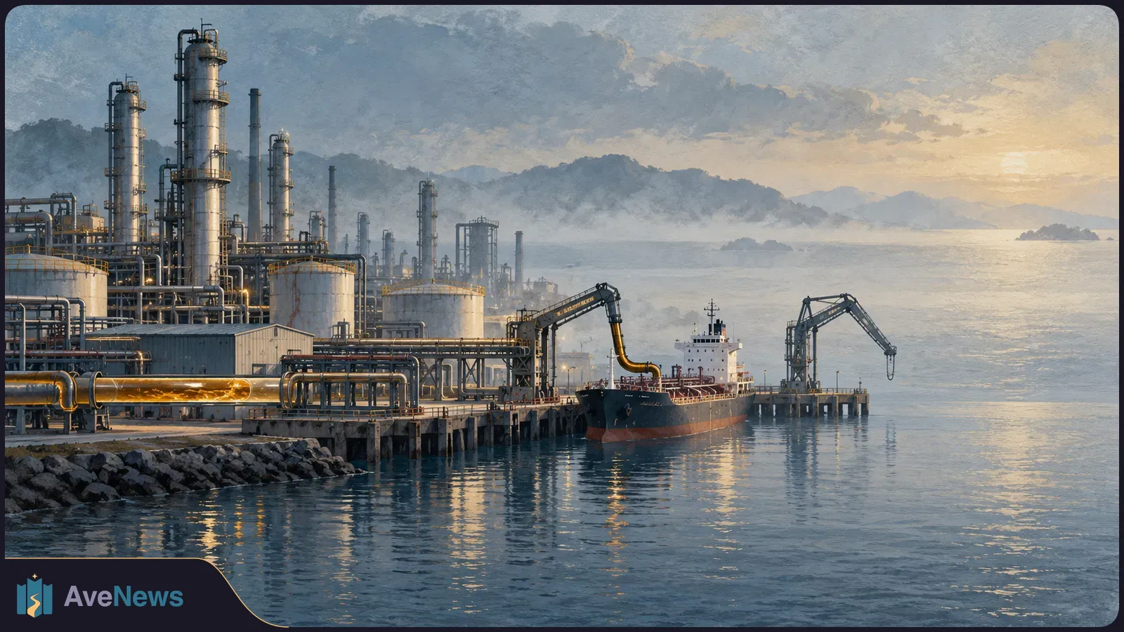 Painted coastal fuel terminal with refinery towers, storage tanks and a docked tanker beneath a hazy sunset. SI illustration
