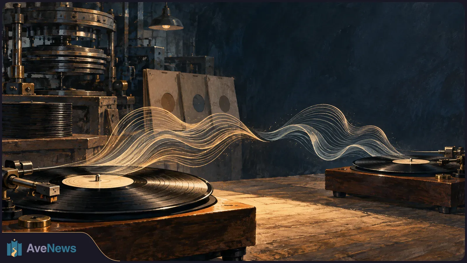 Two vinyl records on turntables in a dim workshop, linked by sweeping gold-and-blue wave lines; a large metal press stands behind them. SI illustration