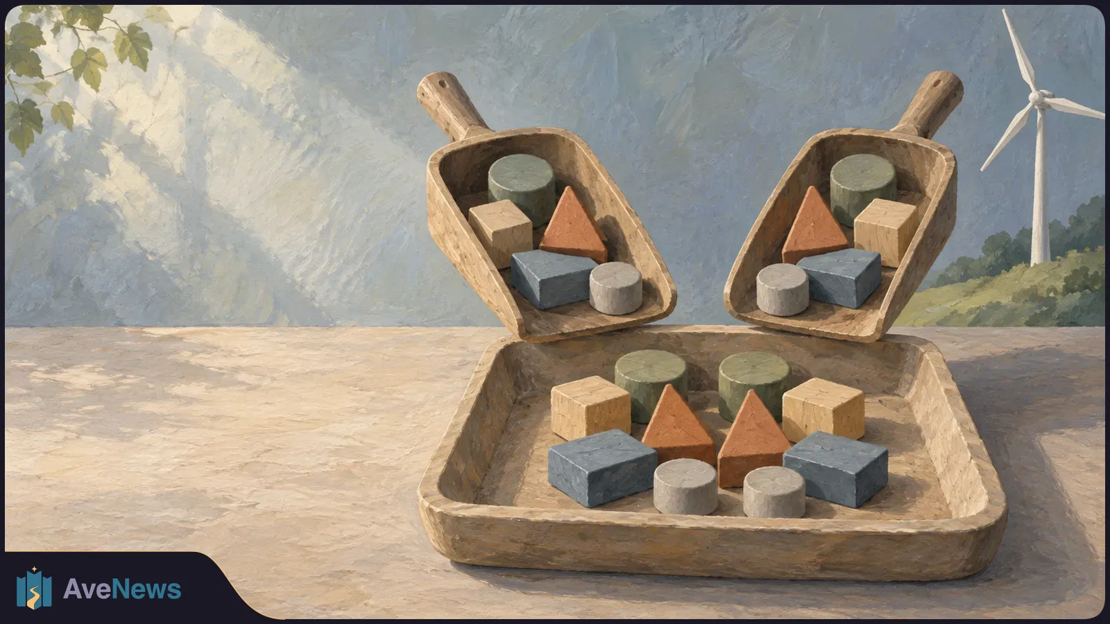 Painted scene of two wooden scoops holding matching colored blocks above a tray of repeated blocks, with a wind turbine on a hill behind them. SI illustration