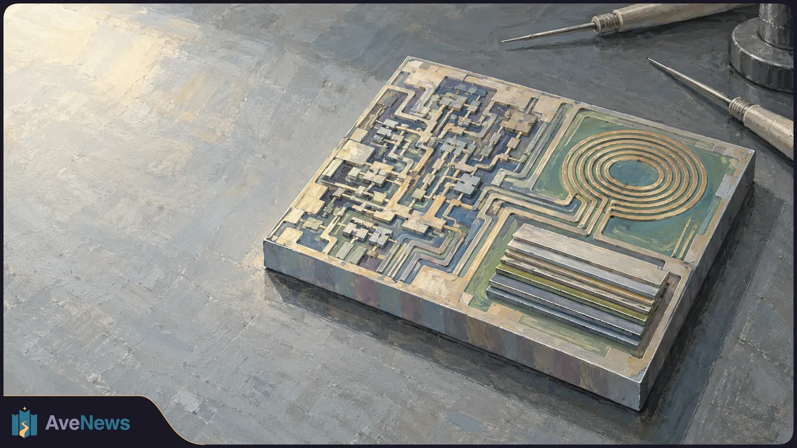 Painterly illustration of a chip with dense circuit traces, a circular coil and stacked components on a gray workbench beside two pointed tools. SI illustration