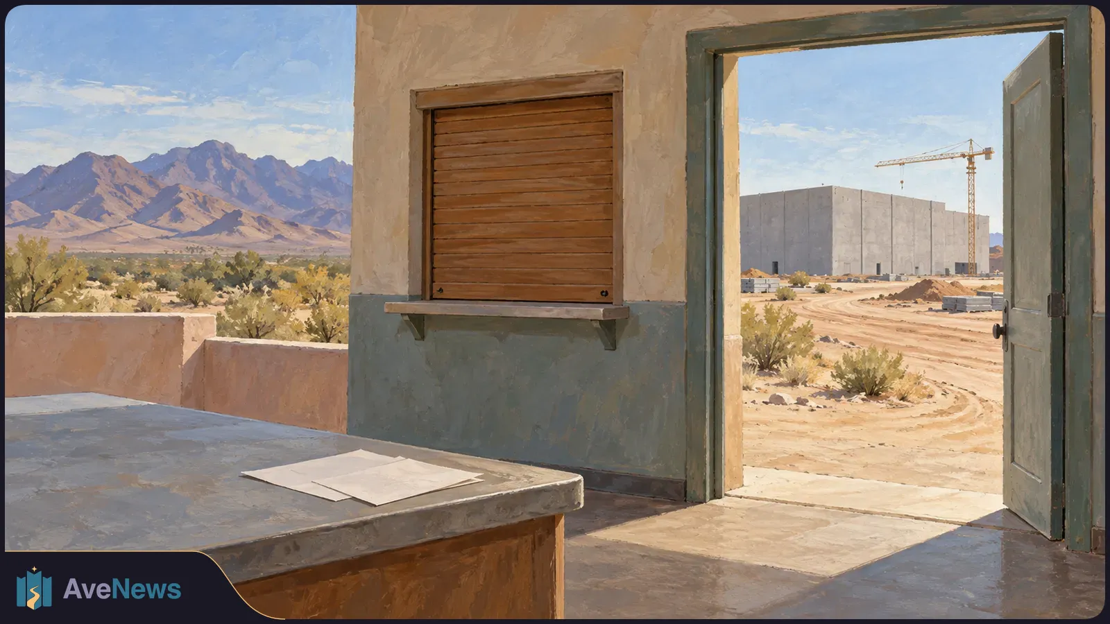 Painted view from an empty room through an open door to a dusty construction site with a large boxy building and crane. Desert mountains rise beyond a shuttered window. SI illustration