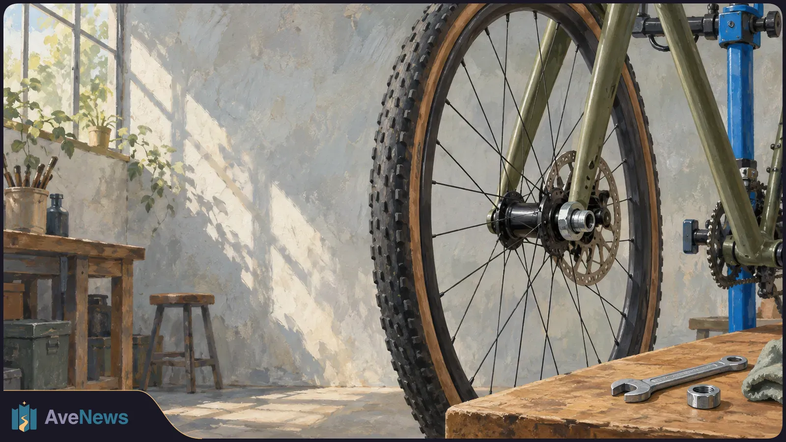 A painted bicycle workshop scene shows a close-up of a front wheel and hub, with a wrench and a separate nut on a wooden bench. SI illustration