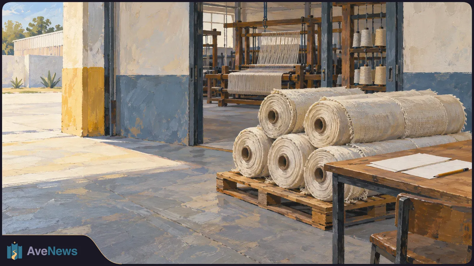 Painted textile workshop with looms and yarn spools behind a stack of fabric rolls on a pallet; blank sheets and a pencil sit on a table. SI illustration