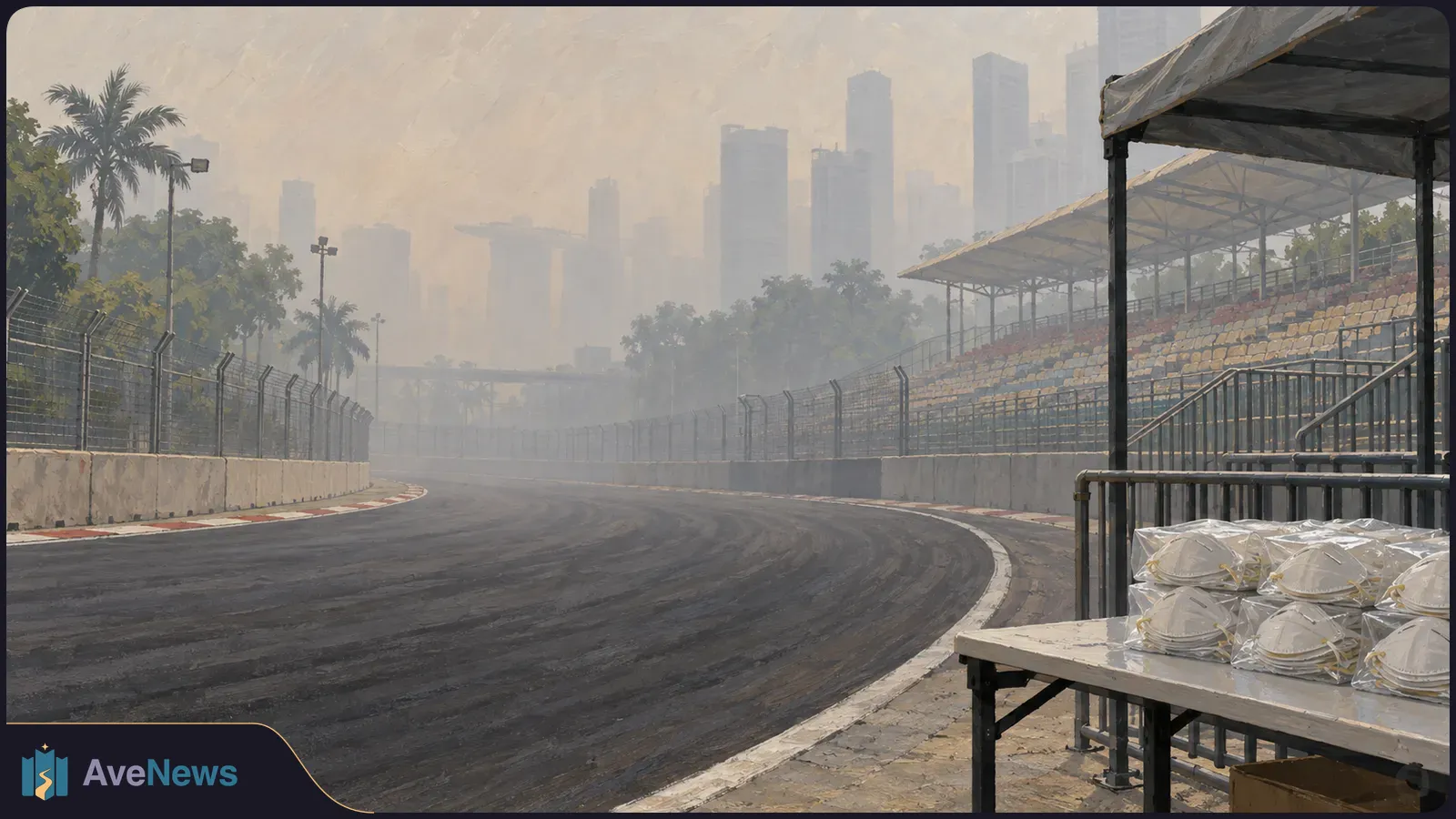A hazy city skyline rises beyond an empty, fenced racing circuit and grandstands. Wrapped respirator masks sit on a table in the foreground. SI illustration