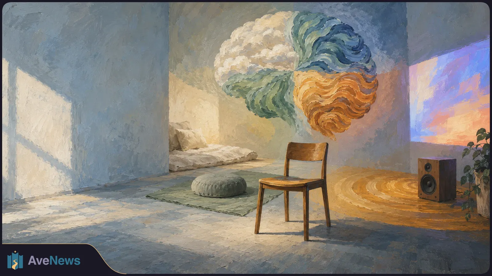 Painted room with an empty wooden chair, floor cushion, speaker and glowing wall image beneath a floating, multicolored brain-like form. SI illustration