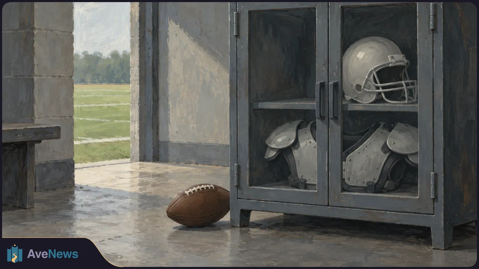 An illustrated football locker room with a helmet and shoulder pads in a cabinet, a football on the floor, and a field visible through an open doorway. SI illustration