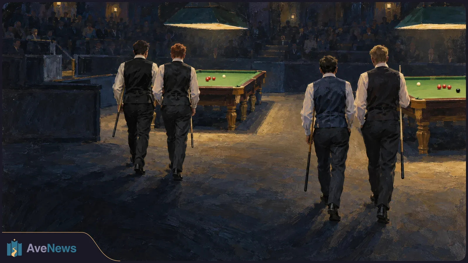 Painterly scene of four waistcoated snooker players walking toward two green tables under hanging lamps, with an audience in the dark background. SI illustration