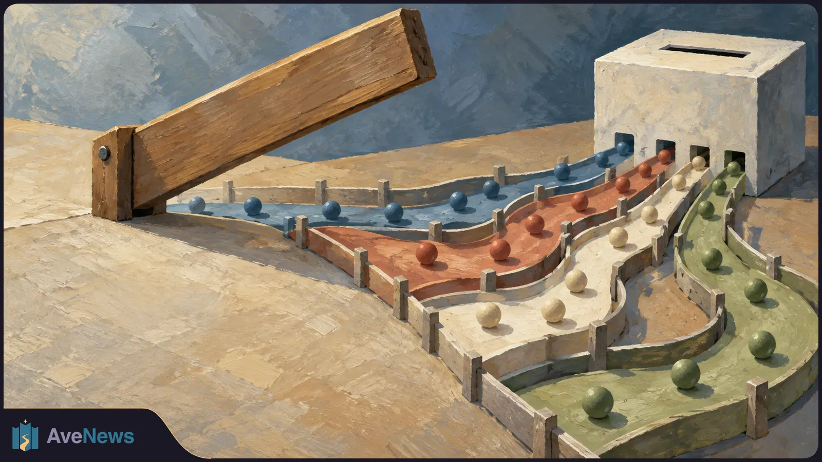 A painted illustration shows a slotted white box, colored balls arranged along separate winding tracks, and a raised wooden beam. SI illustration