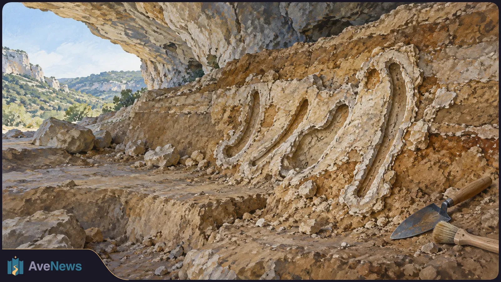 Under a rocky overhang, pale mineral-rimmed impressions run through an earthen wall. A small trowel and brush lie nearby, with hills visible beyond. SI illustration