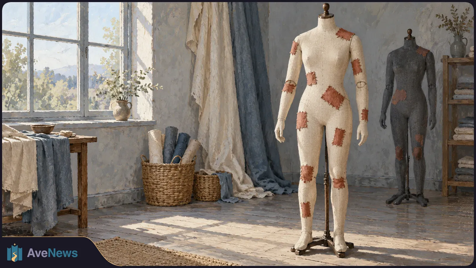 In a sunlit textile studio, two female-shaped mannequins have rust-colored fabric patches at several body sites; the pale mannequin has more patches than the dark one. SI illustration