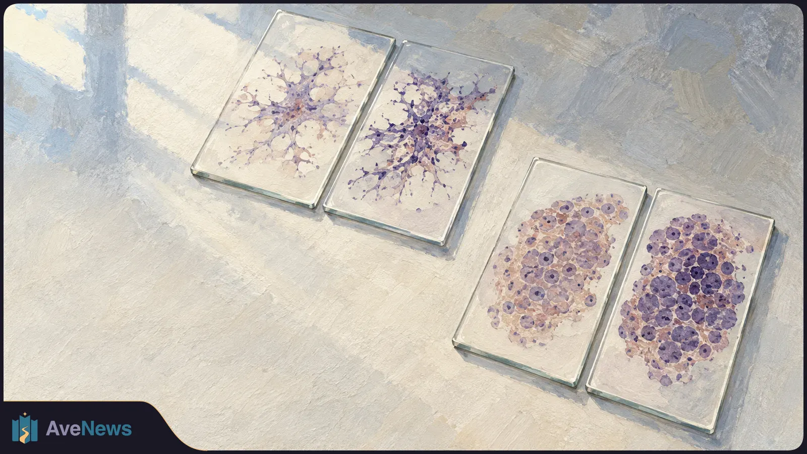 Painterly overhead view of four glass slides on a pale surface: two show branching purple forms, and two show dense clusters of round purple cells. SI illustration