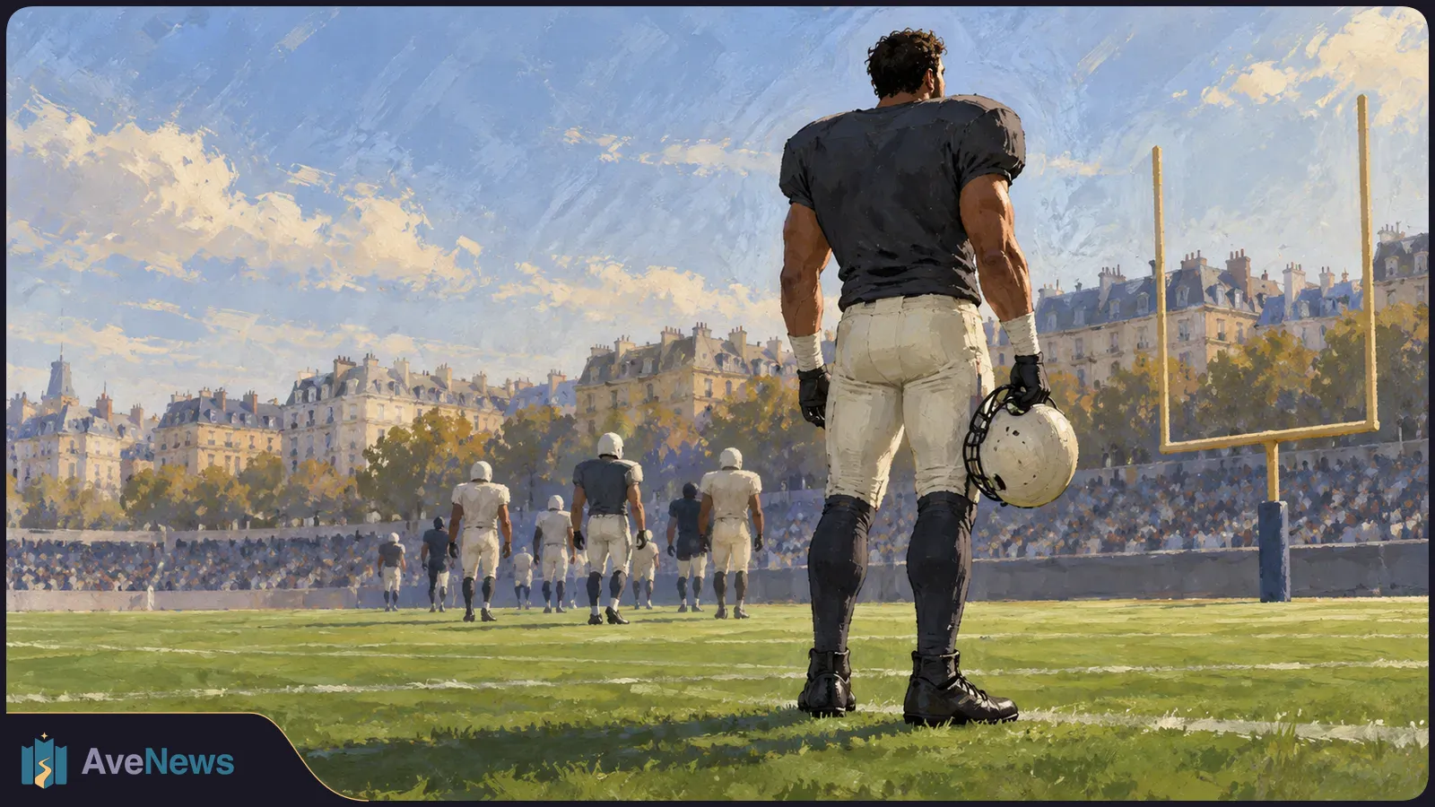 Painted scene of football players on a field before crowded stands, with one player holding a helmet in the foreground and a goalpost beside city buildings. SI illustration