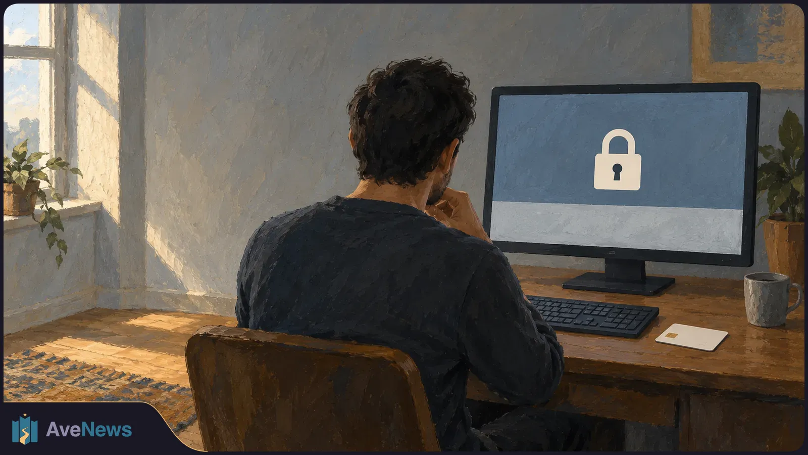 Painterly illustration of a man seen from behind at a desk, facing a monitor with a closed padlock icon. A keyboard, mug and plants sit nearby. SI illustration