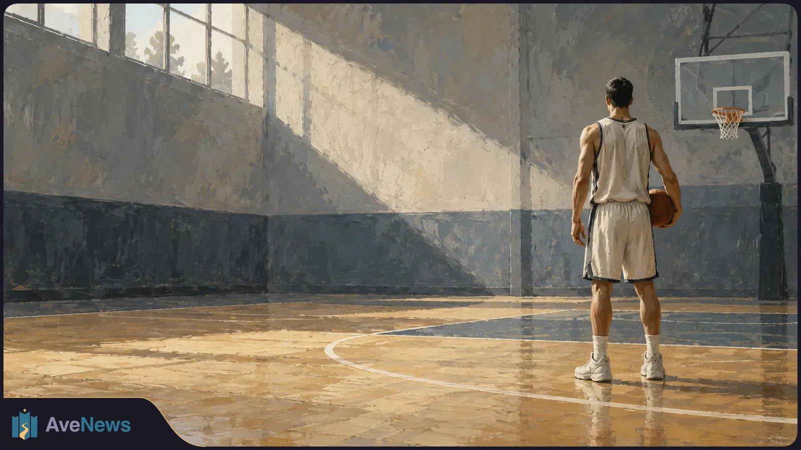 A basketball player seen from behind holds a ball and faces a hoop in an empty indoor court. Sunlight streams through high windows onto the wooden floor. SI illustration