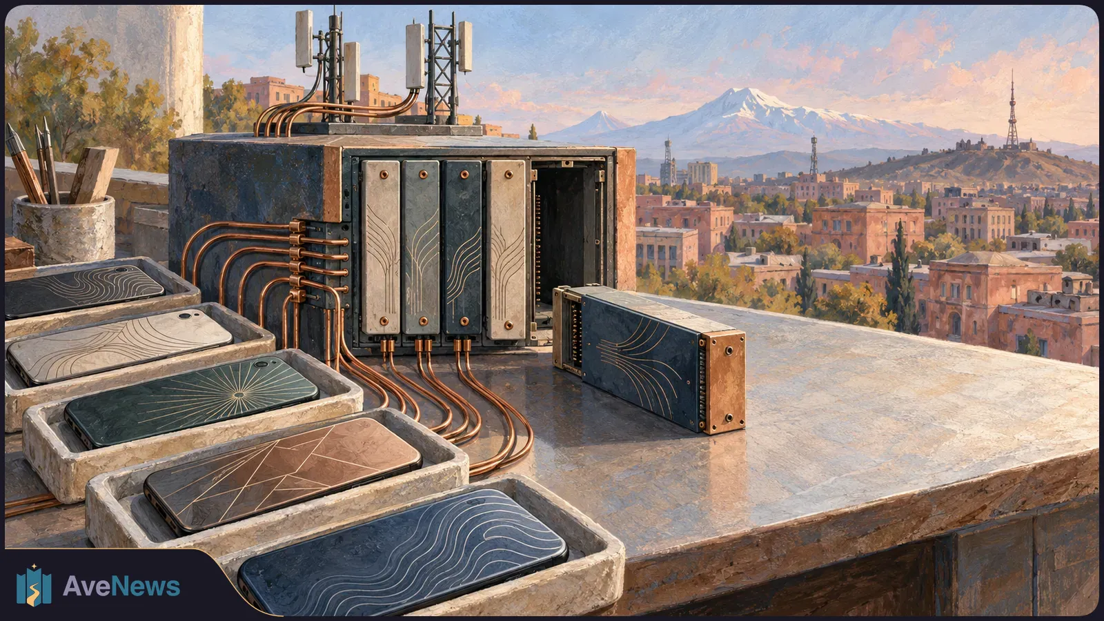 Painted rooftop scene with phones in trays beside a cable-connected equipment rack and antennas, with a city and snow-capped mountain beyond. SI illustration