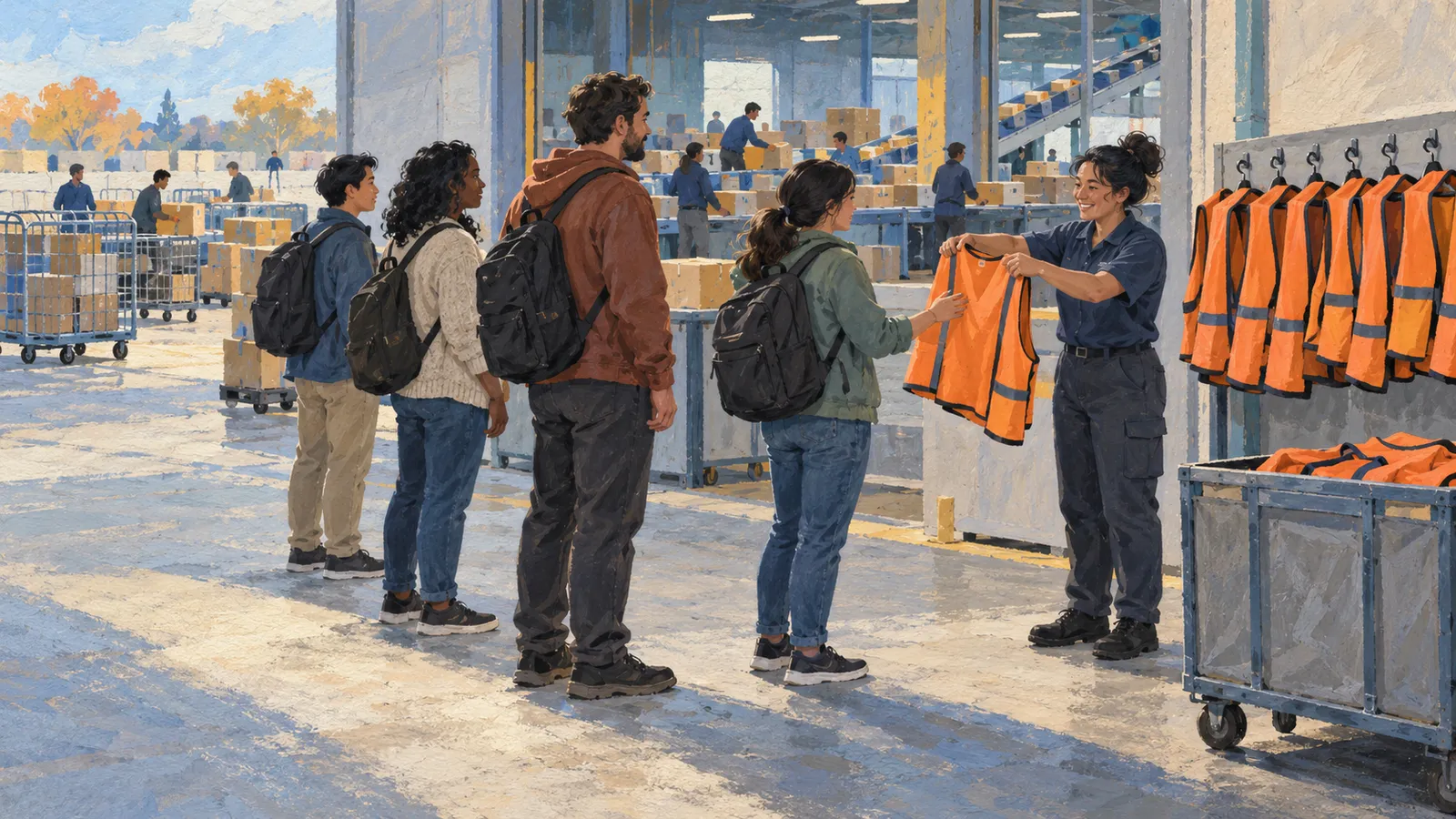 In a painted warehouse scene, a worker hands an orange safety vest to a person with a backpack as others wait nearby; parcels move along conveyors behind them. SI illustration
