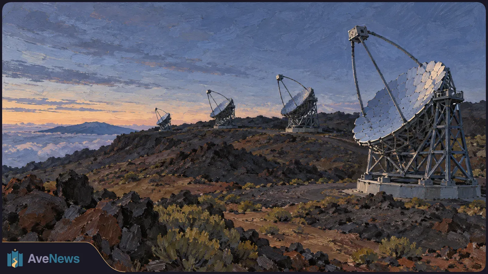 Painted scene of four mirrored telescopes on a rocky ridge beneath a blue dusk sky, with the nearest telescope dominating the right side. SI illustration