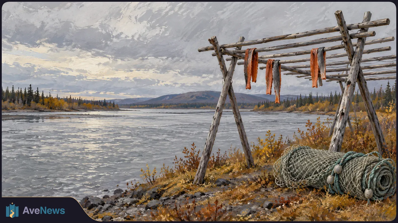 Painted riverside scene with strips of fish hanging from a wooden drying rack, a rolled fishing net on the rocky bank, and forested hills beneath a cloudy sky. SI illustration