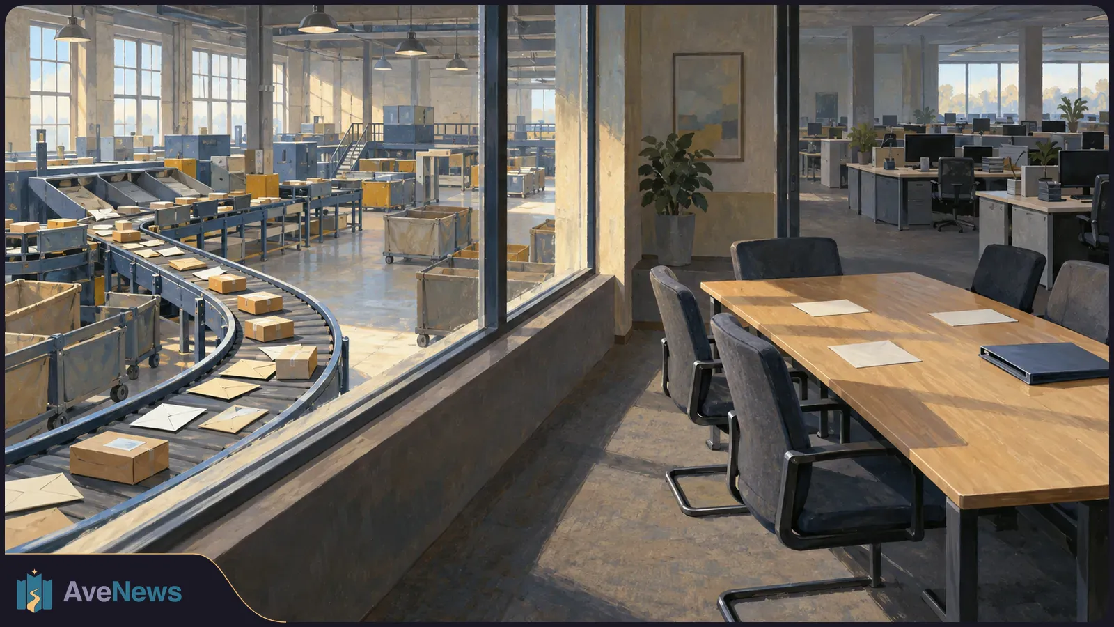 An empty meeting room overlooks a parcel-sorting floor with conveyors and boxes. Office desks and dark monitors are visible beyond. SI illustration