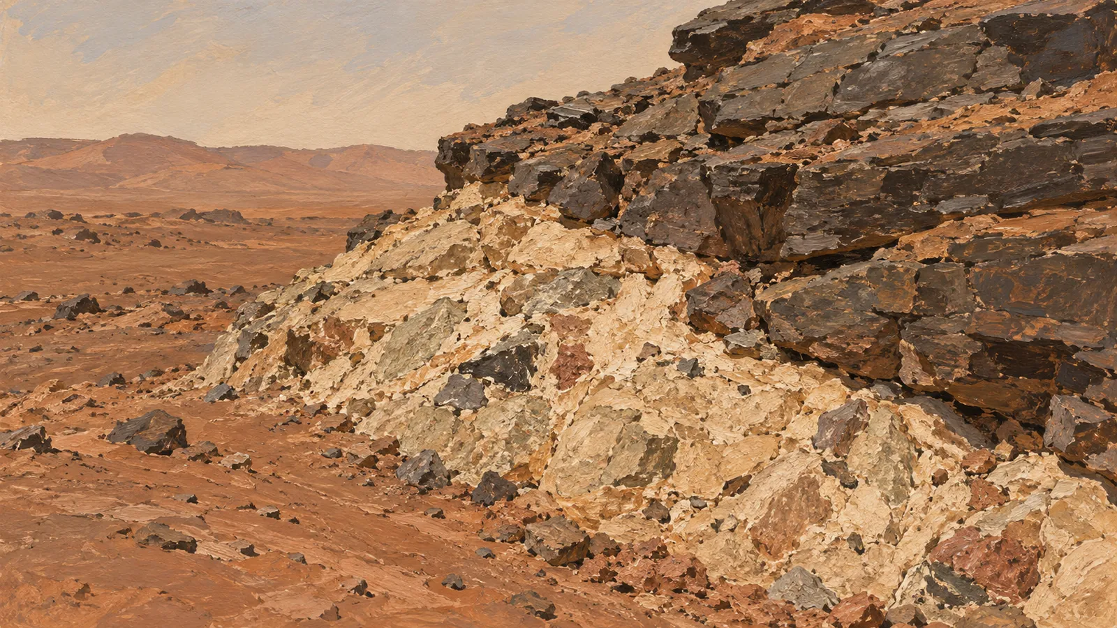 Illustration of a rocky, reddish landscape with dark layered rocks above a lighter rubble-strewn slope and low hills in the distance. SI illustration