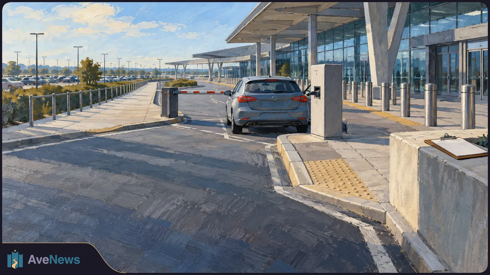 Painted airport drop-off lane with a grey car beside a barrier and payment kiosk, a glass terminal, and a parking area beyond. SI illustration