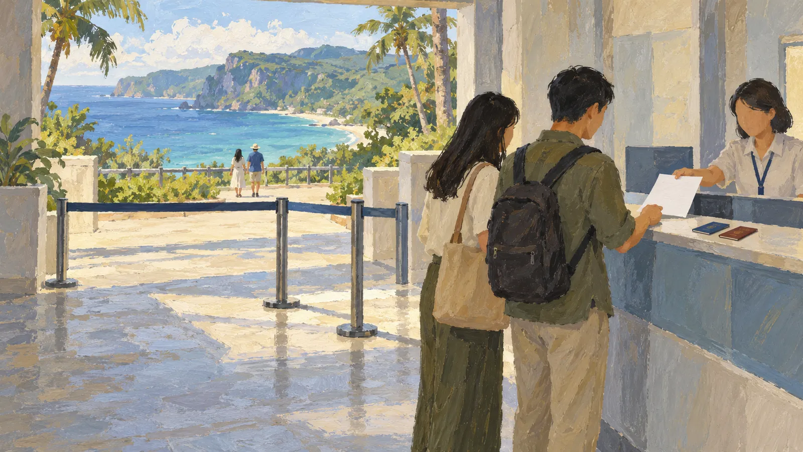 A painted scene shows two travellers at a counter, where a staff member hands them a sheet of paper. Two small booklets lie on the counter, with a tropical coastline visible beyond. SI illustration