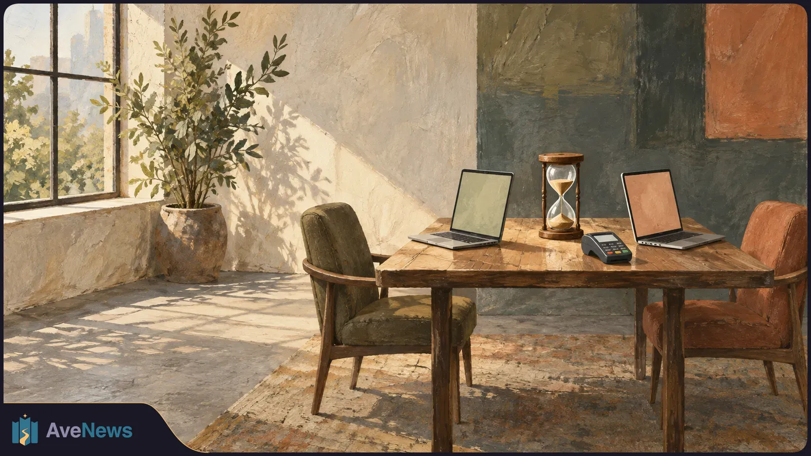 Painterly sunlit room with two blank-screen laptops, an hourglass and a card terminal on a wooden table between empty chairs. SI illustration