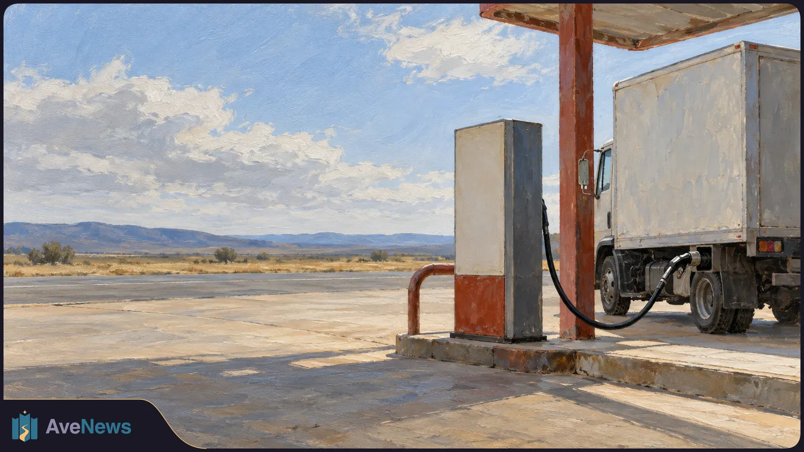 Painted scene of an unmarked box truck beside a fuel pump at a roadside station, with a hose attached to the truck and open fields beyond. SI illustration