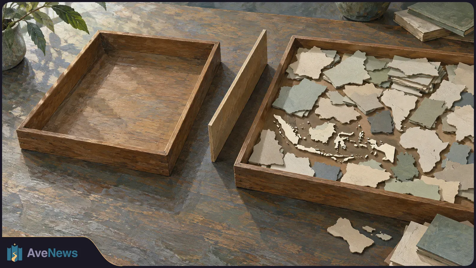 Painterly view of two wooden trays on a table: one empty, the other filled with torn, unmarked paper shapes and small island-like scraps. SI illustration