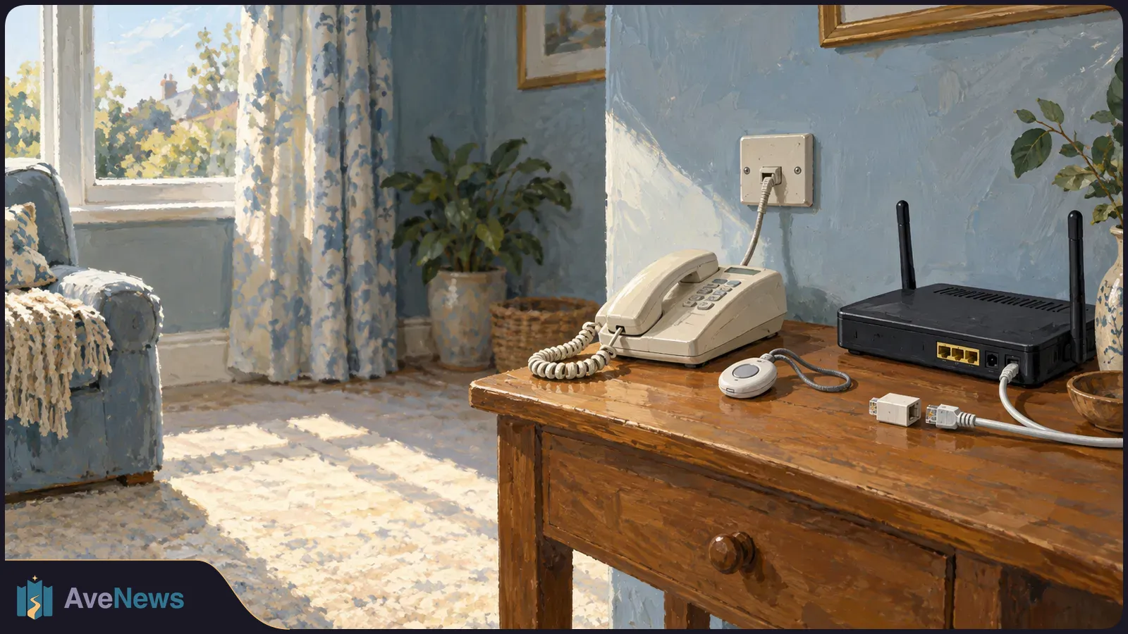 Painterly living room scene with a corded landline phone beside a wireless router and loose network plugs on a wooden table. SI illustration