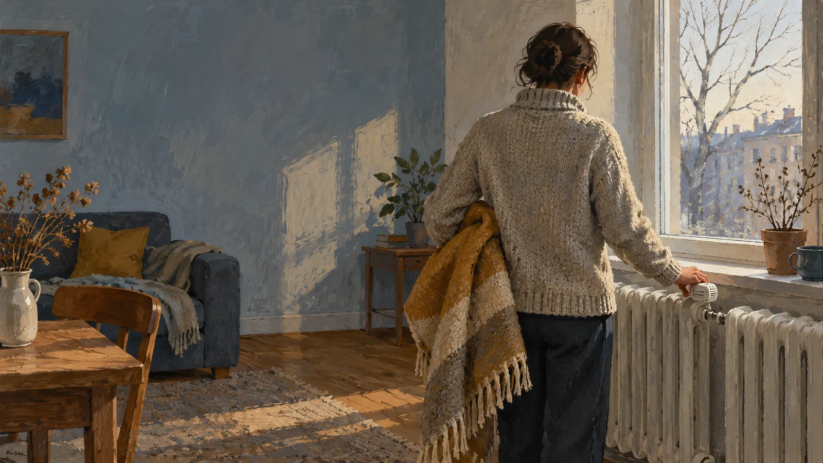 A painted scene of a woman holding a blanket and touching a radiator control beside a sunny window in a living room. SI illustration