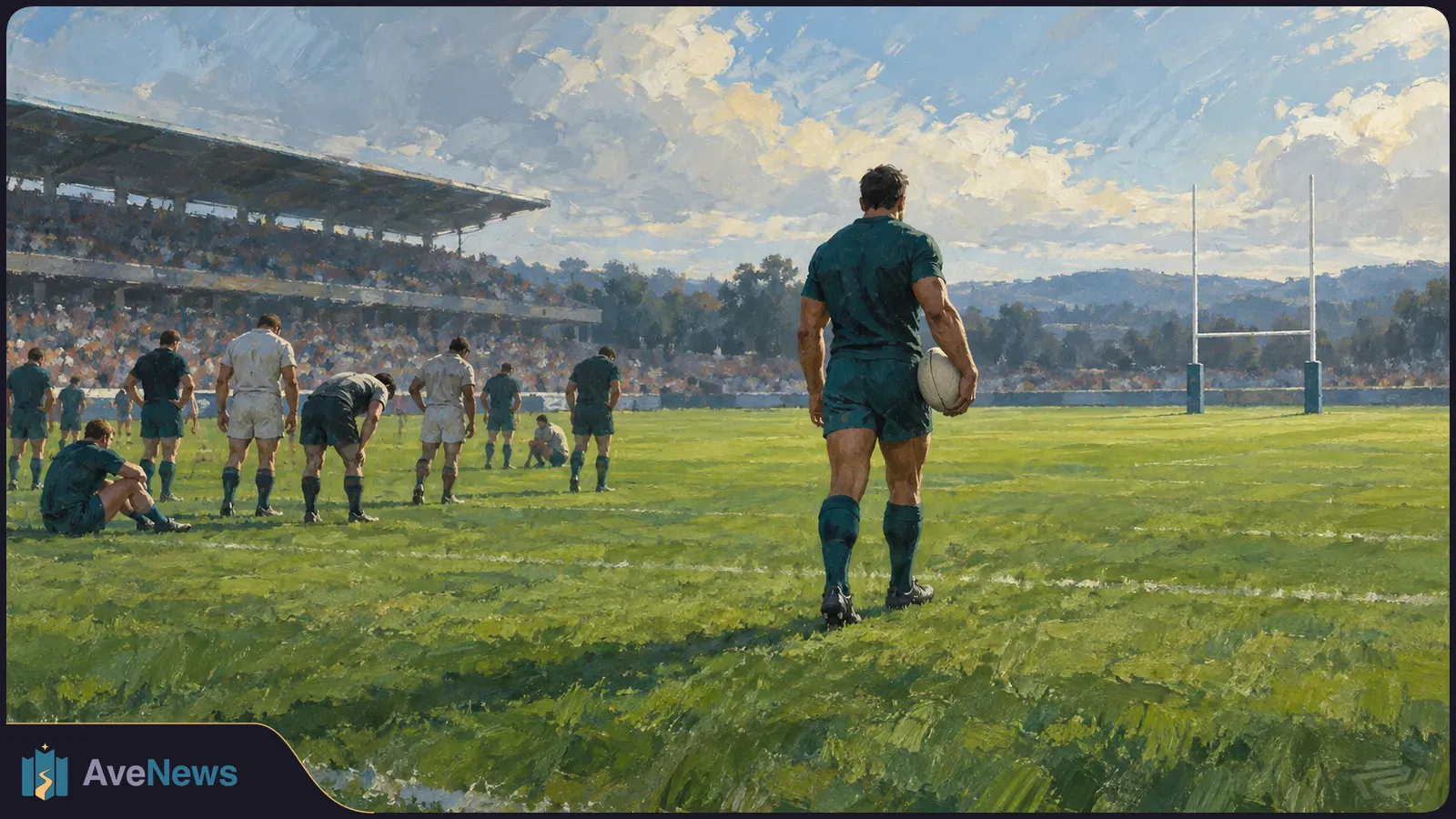 Painted rugby scene with a player holding a ball in the foreground, other players on the field, goalposts and a crowded grandstand. SI illustration